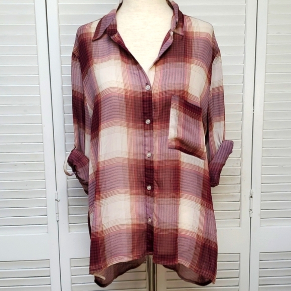 Band of Gypsies Tops - Band of Gypsies Plaid Button Down Shirt - Red and Cream